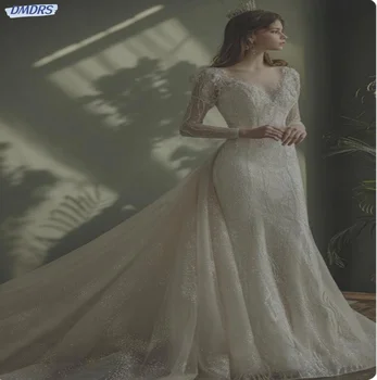 Сексуальное свадебное платье-футляр с V-образным вырезом, блестящее платье с пайетками для невесты, Белое элегантное свадебное платье с длинным рукавом Vestidos De Novia