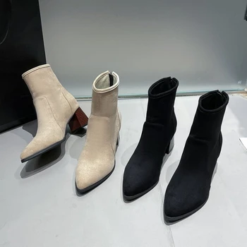 2023 Новые весенне-осенние женские ботинки с острым носком на массивном каблуке, женская обувь из искусственной кожи, высокие короткие сапоги в стиле ретро, женские