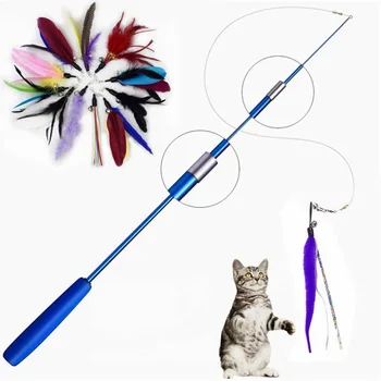 Интерактивная игрушка из кошачьих перьев, палочка-дразнилка из перьев, палочка для домашних животных, выдвижной колокольчик из перьев, сменный улавливатель для котенка