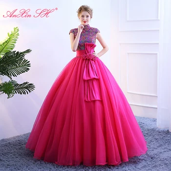 AnXin SH princess, розовое кружево, красочная высокая шея, короткий рукав, винтажная расшитая бисером роза, большой бант, бальное платье невесты, вечернее платье