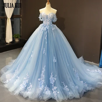 Свадебное платье трапециевидной формы синего цвета Julia Kui, красивые кружевные свадебные платья в стиле милой девушки
