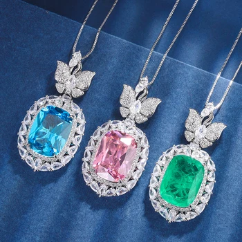 EYIKA Великолепное Квадратное ожерелье с подвеской из небесно-голубого розового камня для женщин, ожерелье-бабочка с цирконом, ювелирные изделия из кристаллов Fusion