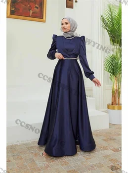 Темно-синий атласный расшитый бисером хиджаб, мусульманские вечерние платья с длинным рукавом, исламское вечернее платье, арабские дубайские женские халаты De Soirée